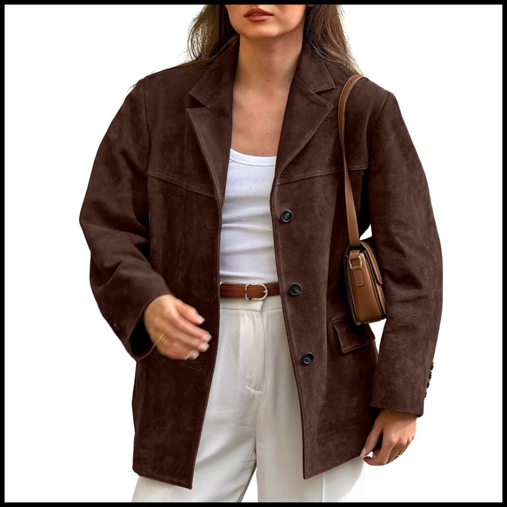 Faux Suede Blazer Jacket Notched Lapel Single Breasted Leather Style